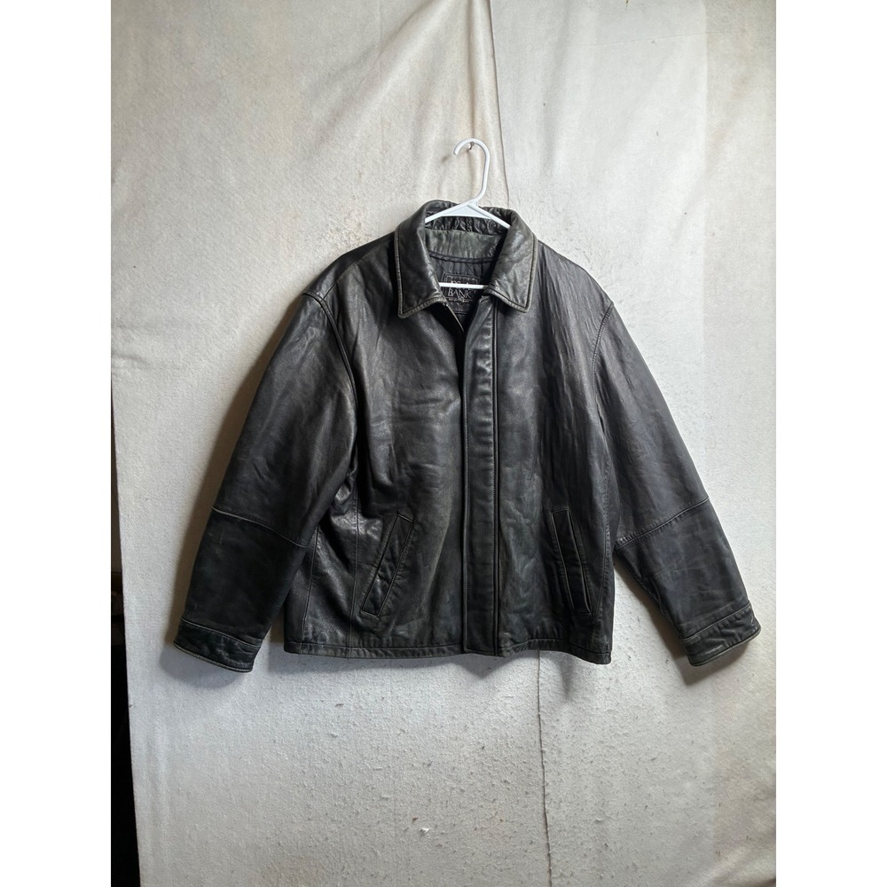 Jos. A. Bank Mens Black Genuine Leather Full Zip Quilted Lined Bomber Jacket
